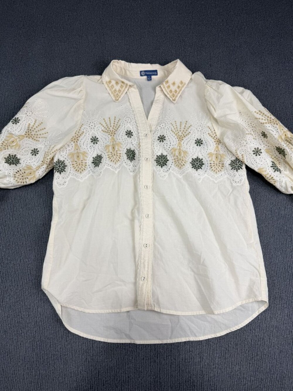 Democracy Womens Embroidered Eyelet Button-Down Top Size L Cream